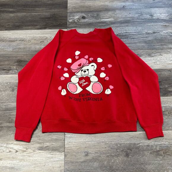 Vintage 1992 Tultex Red Womens XL Heart Teddy Bear West Virginia Sweatshirt - Picture 3 of 9